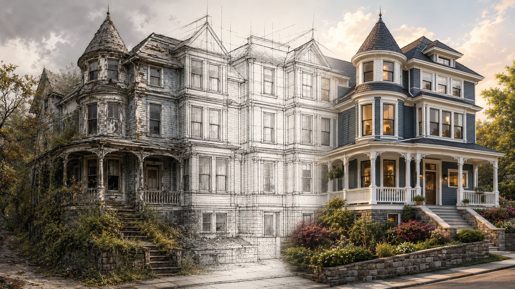 A Victorian house shown transforming from weathered and worn, through an architectural renovation plan, to fully restored
